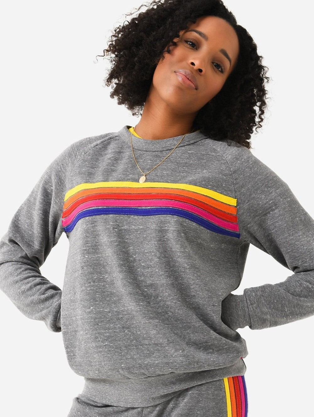Aviator Nation 5 Stripe Crew Sweatshirt in Heather Grey Rainbow Size XS